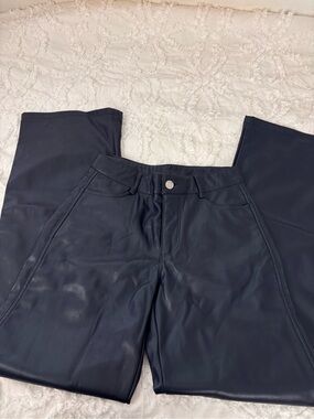 Garage Navy Faux Leather Wide-Leg Pants